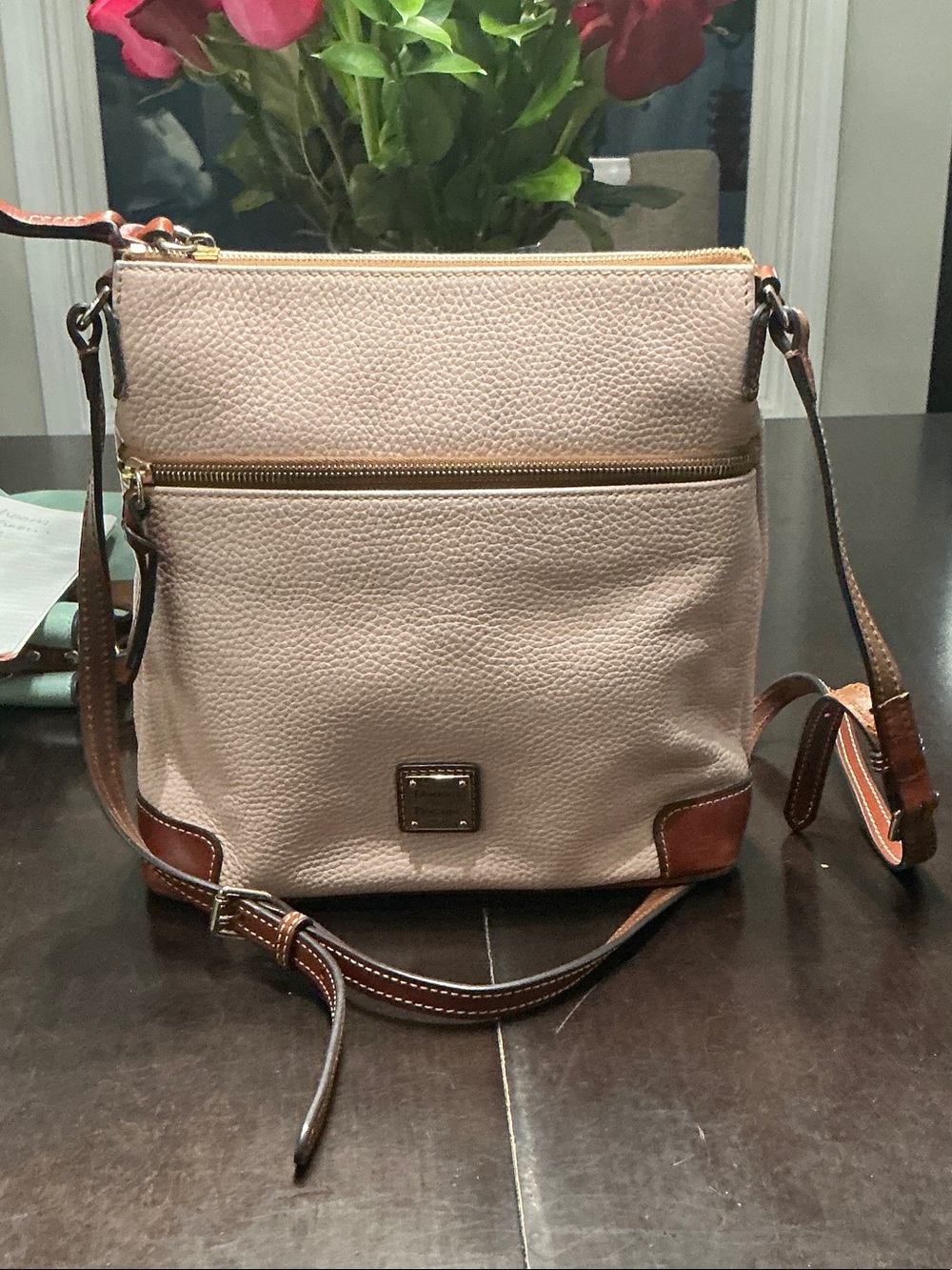 Dooney & Bourke Pebbled Leather Crossbody in Light Pink with Brown Trim